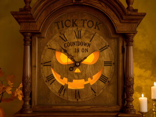 Vintage wooden clock with ornate dial beside carved Halloween pumpkin