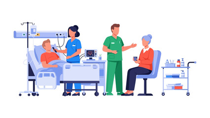 Hospital Scene Illustration: This graphic illustration encapsulates the essence of compassionate healthcare, featuring healthcare professionals tending to patients in a hospital setting.