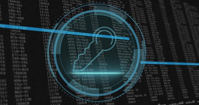 Projecting blue HUD circle over terminal screen, with question mark head silhouette and blue lines - Powered by Adobe