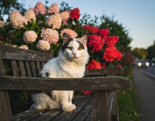 A white and black cat sits on a weathered wooden bench amidst vibrant pink and red flowers
