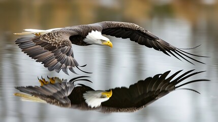 Illustration of a majestic bald eagle soars gracefully over a tranquil lake, its reflection mirroring its flight, creating a stunning display of natures beauty and power