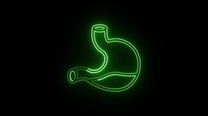 Glowing neon line gastric reflux icon with stomach animation. Medical animation HD video isolated on black background.