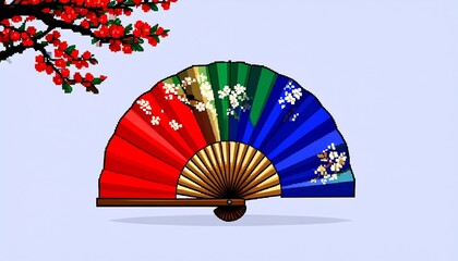 Pixelated Delight: An Ornate Hand Fan with Cherry Blossoms and Colors
