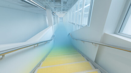 Obraz premium staircase featuring holographic evacuation route set in bright minimalist interior