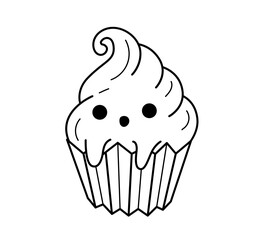 Spooky ghost cupcake. White cream dessert. Halloween decorative coloring book element. Outline contour vector isolated illustration.