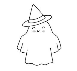 Ghost wearing hat. Spooky flying spirit. Halloween phantom character. Coloring book element. Outline contour vector isolated illustration.