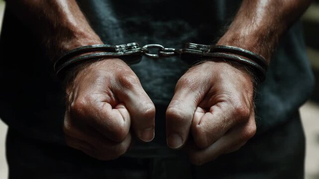 Close up of hands in metal handcuffs symbol of crime arrest punishment law enforcement and prison concept