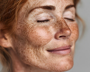 Obraz premium Smile, eyes closed and skincare of mature woman in sudio for glow, results or eauty on gray background. ace, happy and model in naural cosmetics for dermatoogy, anti aging and aestheic at spa