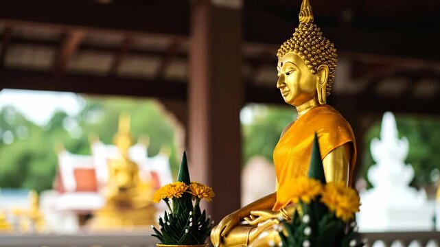 Golden buddha statue and traditional floral offering, a revered symbol of peace and devotion. Spiritual meditation in a temple, video.