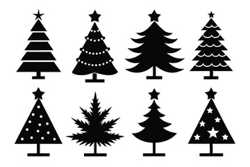Black Silhouette Vector Set of Eight Unique Christmas Tree Designs and Festive Decorations