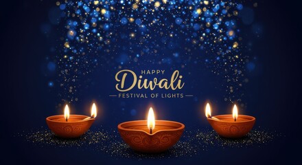 Traditional Diwali Celebration with Clay Oil Lamps and Festive Glitter on Blue Background
