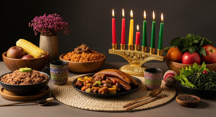 Kwanzaa table arrangement featuring kinara, food dishes, and fresh produce for celebration. Colorful Kwanzaa table adorned with traditional symbols of African heritage and seven principles,