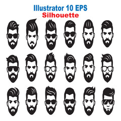 Set of men's hairstyles and beards. Hipster man face icon collection for barbershop logo. Vector illustration.