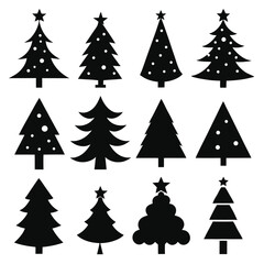Twelve Black Christmas Tree Silhouettes with Stars and Ornaments Vector Illustration Graphic