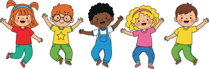 Cartoon children jumping, diverse kids, joyful expressions, happy playtime, colorful outfits, smiling faces, fun moment, cheerful energy, white background