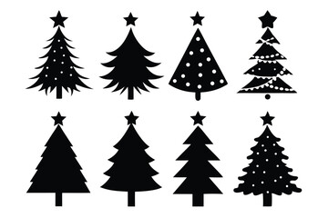 Eight Christmas Tree Silhouettes with Stars, Various Shapes and Decorations, Isolated Vector Illustration