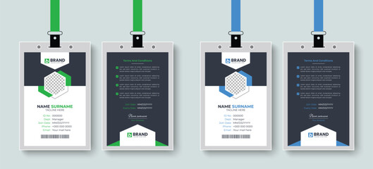 Creative corporate company office employee id card or identity card design layout with blue and green color. Professional design for corporate business identification card, staff card.