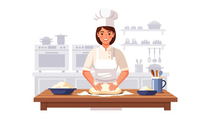 The Joyful Baker: A female chef, beaming with delight, skillfully prepares dough on a wooden table in a bright kitchen setting, a true embodiment of culinary passion and the joy of food preparation.