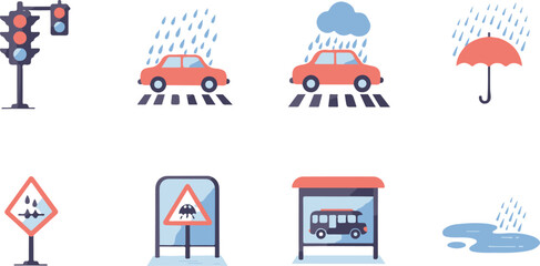 Flat Vector Rainy City Life Icon Set – Traffic Light, Bus Stop, Car, Umbrella