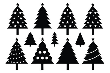 Obraz premium Black Silhouette Christmas Trees, Various Shapes, Decorations, and Styles for Holiday Designs and Crafts