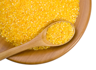 Corn grits on wooden plate with spoon and transparent background