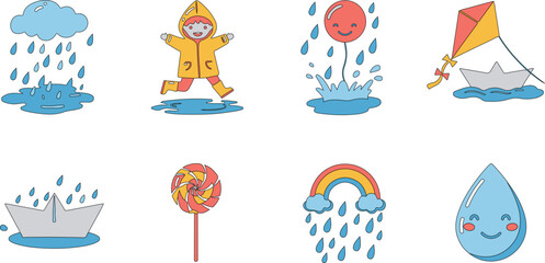 Flat Vector Rainy Kids Fun Icon Set – Child, Puddle, Paper Boat, Kite, Rainbow
