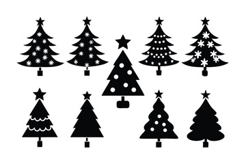 Obraz premium Eight Black Christmas Tree Silhouettes Featuring Stars, Ornaments, and Snowflake Patterns for Holiday Decor