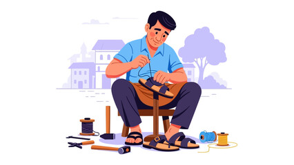 Artisan Crafting Sandals: A skilled artisan meticulously crafts a sandal, showcasing traditional shoemaking techniques with a focus on detail and precision.