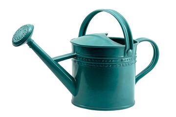 Vintage metal watering can with turquoise color isolated on white background
