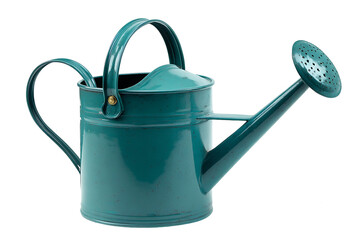 Vintage metal watering can with turquoise color isolated on white background
