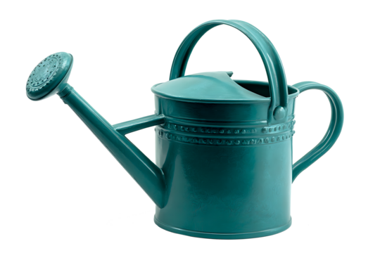 Vintage metal watering can with turquoise color isolated on white background
