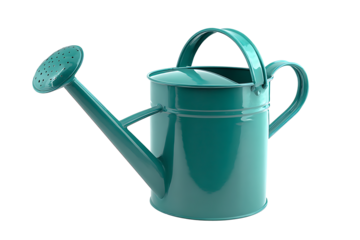 Vintage metal watering can with turquoise color isolated on white background
