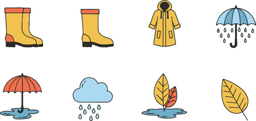 Flat Vector Rainy Season Essentials Icon Set – Boots, Coat, Umbrella, Cloud