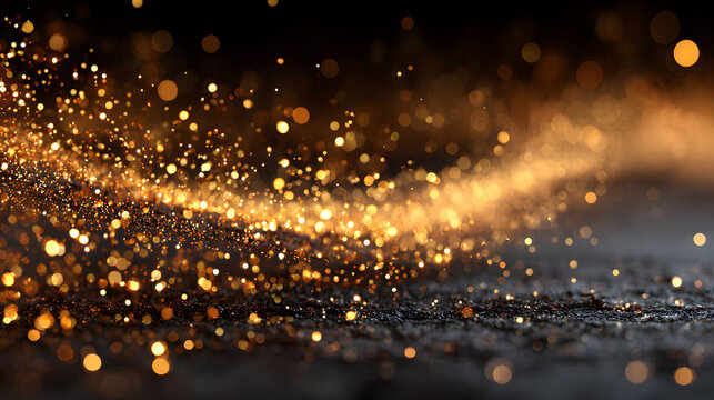Golden dust and glitter bokeh particles effect againt black background. Shimmeing gold lights abstract oerlay