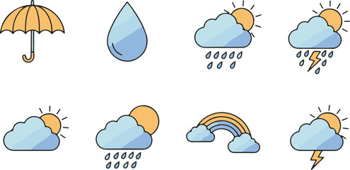Flat Vector Weather Icon Set  Umbrella, Cloud, Rain, Thunderstorm, Rainbow