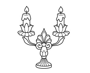 Candelabra with two burning candles. Elegant vintage decorative coloring book element. Outline contour vector isolated illustration.
