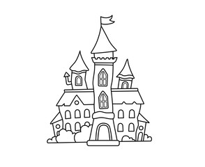 Halloween castle. Old gothic tower. Fairytale ancient mansion. Cute cartoon graphic coloring book element. Outline contour vector isolated illustration.
