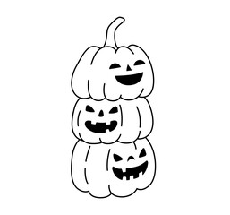 Stacked Carved Pumpkins. Jack O'Lantern Halloween decoration. Coloring book element. Outline contour vector isolated illustration.