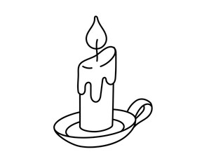 Candle with melting wax on a plate. Decorative coloring book element. Outline contour vector isolated illustration.