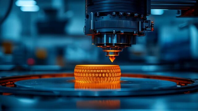 Advanced manufacturing process showcasing a precision CNC machine engraving intricate patterns on a circular object in a modern industrial workshop setting