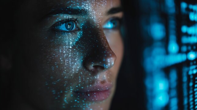 Woman's face illuminated by digital data streams, reflecting future technology and innovation, captivating with a sense of wonder and deep thought.