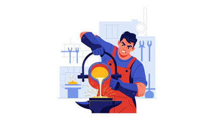 Molten Metal Pouring: A skilled metalworker pours molten metal onto a metalworking anvil, creating a scene of precision and industrial action.