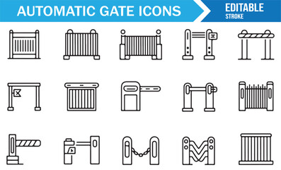 Collection of modern automatic gate vector icons with swing, sliding, barrier arm, and turnstile entrances