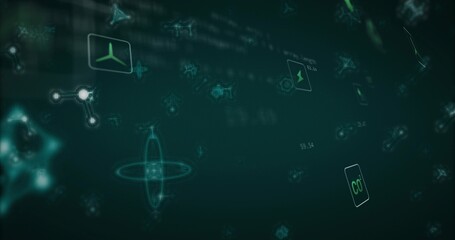 Icons floating in digital interface, showing wind turbine battery CO² and numeric data floats