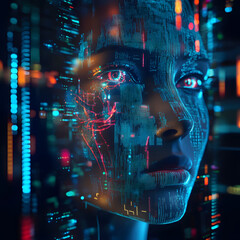 Futuristic Cyberpunk Portrait of a Human Face with Digital Glitch Effects