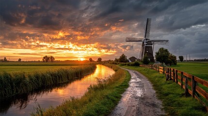 Friesland at Dusk: A Serene Sunset Over Windmills in Dutch Countryside, Blending Architecture and Agriculture