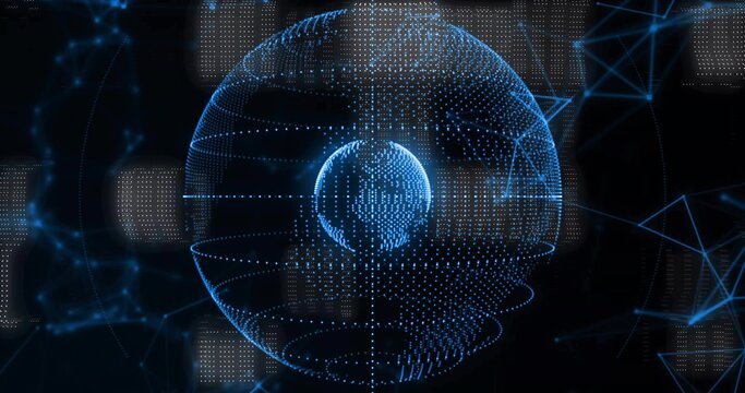Naklejki Showing data-point globe floating in digital network with outer wireframe sphere, nodes and lines