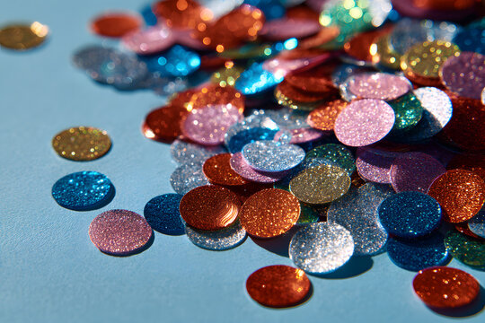 Colorful of confetti on blue background. Brilliant clored sequins. Holiday greting card. Happy holidays.Minimal, flat lay, copy spce. Mockup.