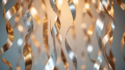 Golden and silver ribbons gracefully sway, catching the light in a mesmerizing dance for elegant celebrations or luxurious designs - Powered by Adobe