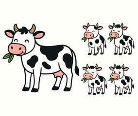 Cute cartoon cow eating – standing farm animal vector collection.